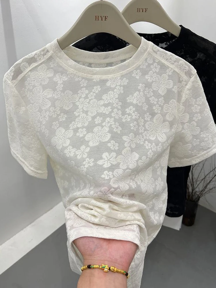 Black Lace Crew Top Solid Elegant Casual Flower Embroidery Short Sleeve T Shirts for Women Harajuku Summer Tees Basic