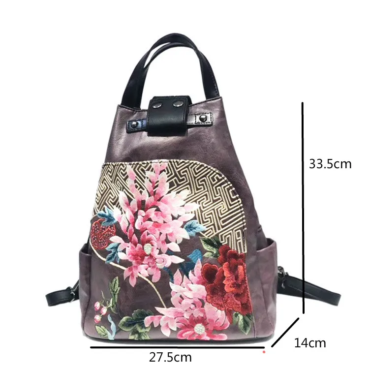 Johnature Vintage Bagpack 2024 New Chinese Style Handmade Embroidery Women Leather Bag Large Capacity Female Travel Backpack