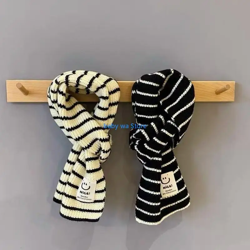 وشاح شتوي محبوك دافئ للأطفال مع صوف مخطط للأولاد والبنات 4XBD #3