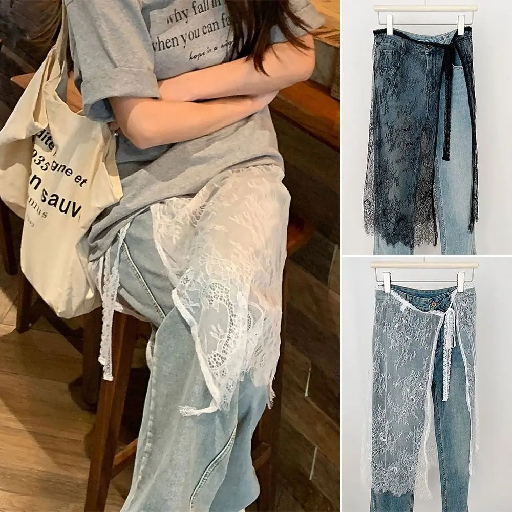 

High Waist Lace Midi Skirt Embroidered Flower Irregular Side Slit Lace Drawstring Skirt Harajuku See Through