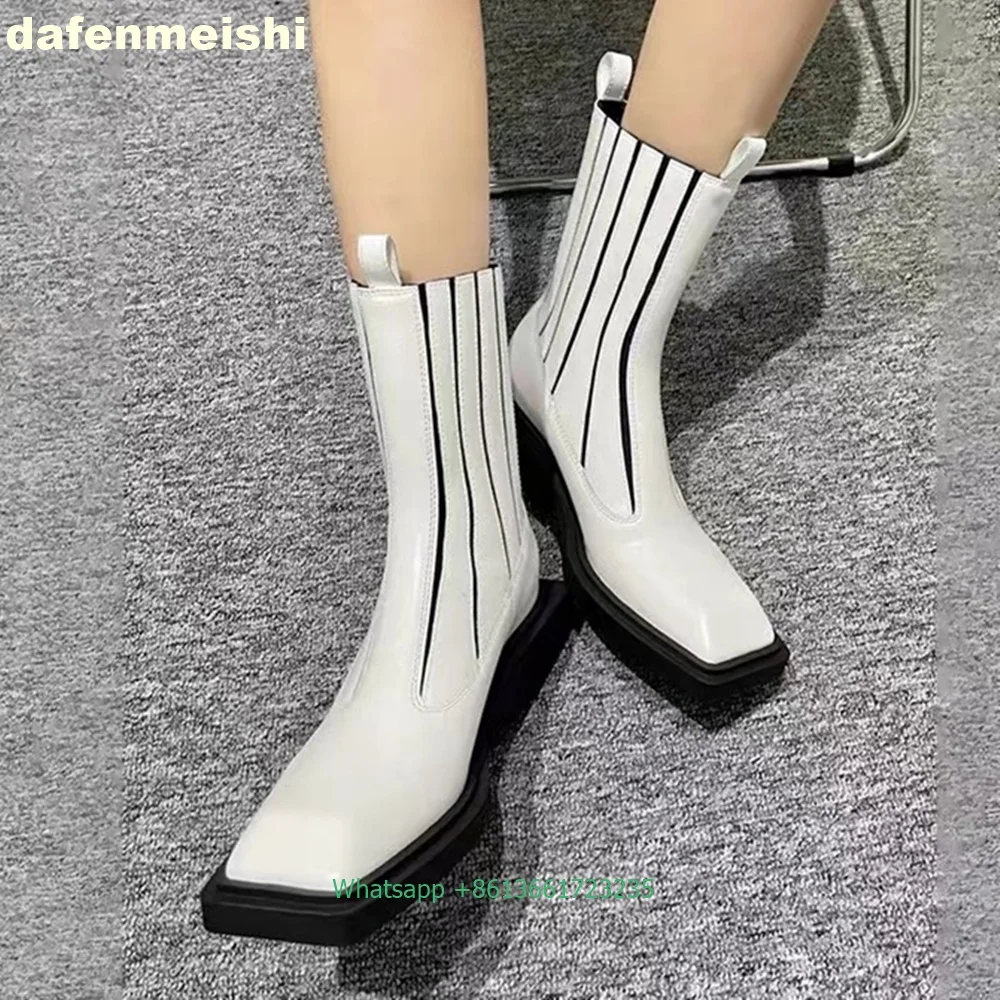 Black Patent Leather Square Toe Women Ankle Boots Platform Pull-On Chelsea Mid-Calf Motorcycle Boots 2024 Fashion Street Boots