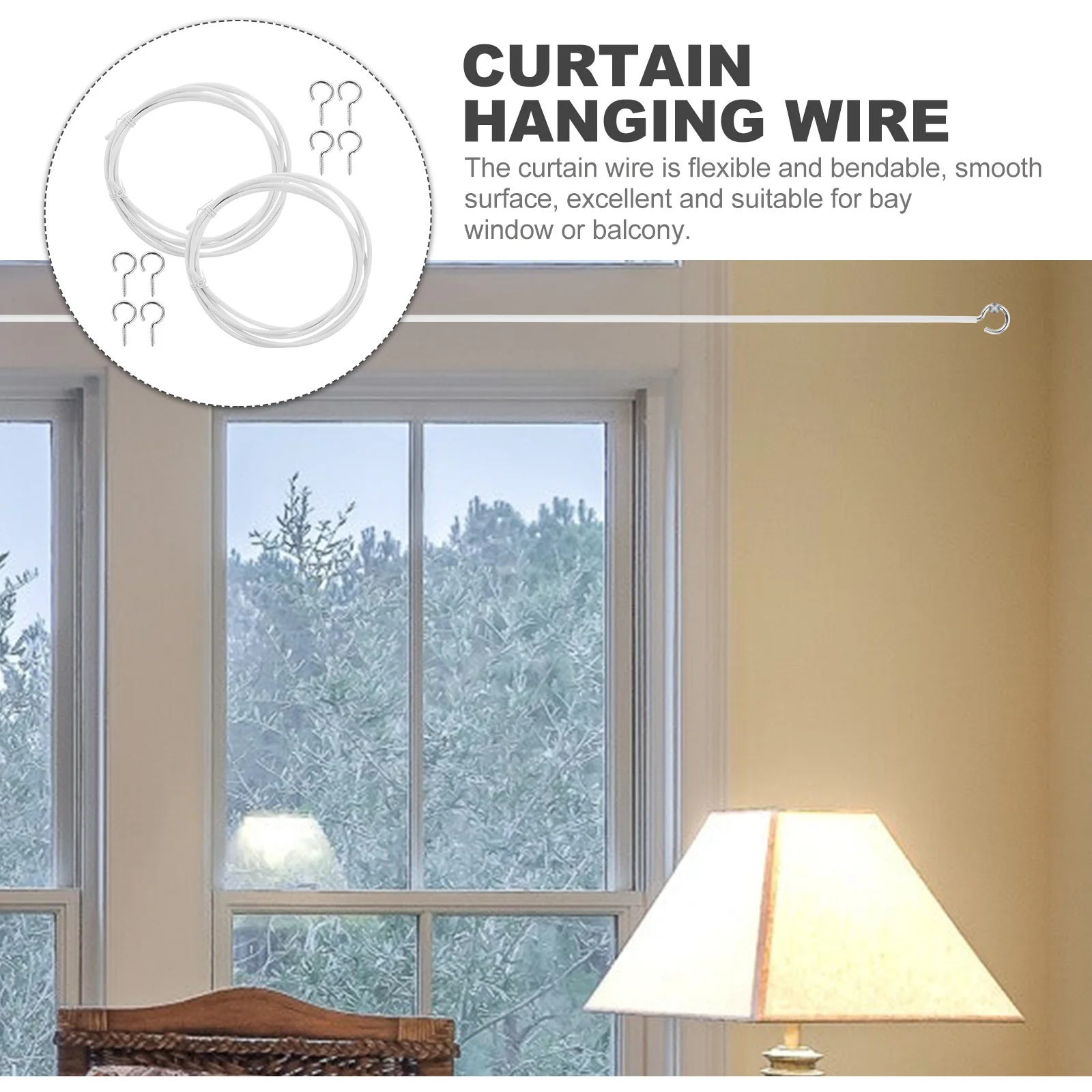 

2 set Spring Cord Eyelet Hook Set Flexible Curtain Hanging Wire Cable For Bay Window Balcony Shower Room Divider Diy Mounting