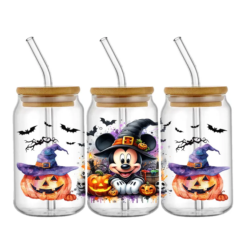 Disney Halloween Mickey Stitch UV DTF Cup Wraps Transfer Sticker For 16OZ Glass Libbey Can Bottle Selfadhesive Washable DIY