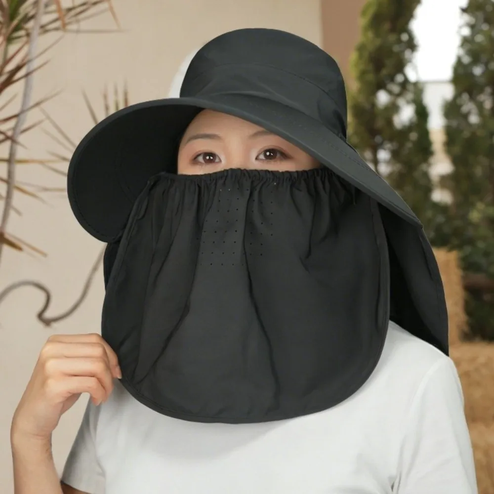 

Sun Hat Face Cover Shawl Mask Hat Wide Brim Solid Color Picking Tea Hat Adjustable Soft Neck Protection Cap Sport