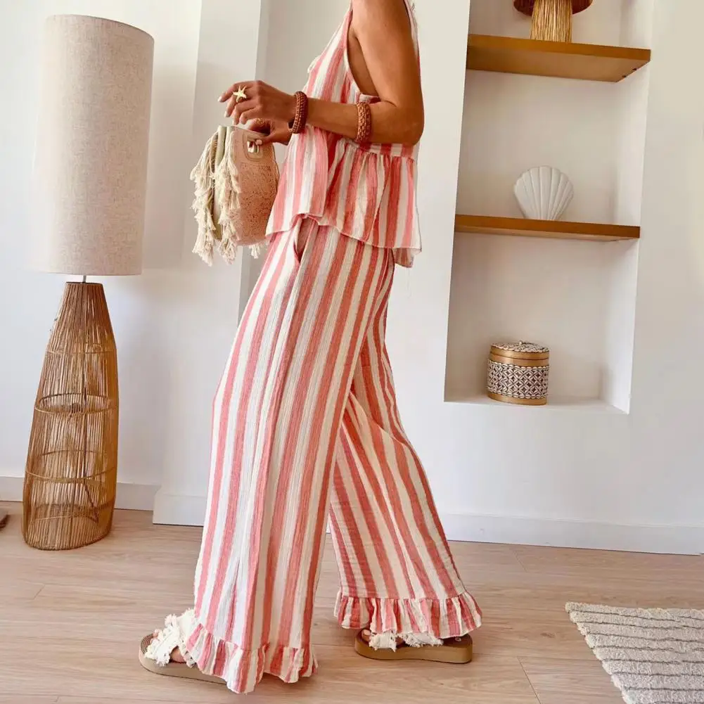 

Polyester Fiber Outfit Striped Tank Top Wide Leg Pants Set for Women Lounge Matching Outfit Summer Beach Two Piece Set Women Top