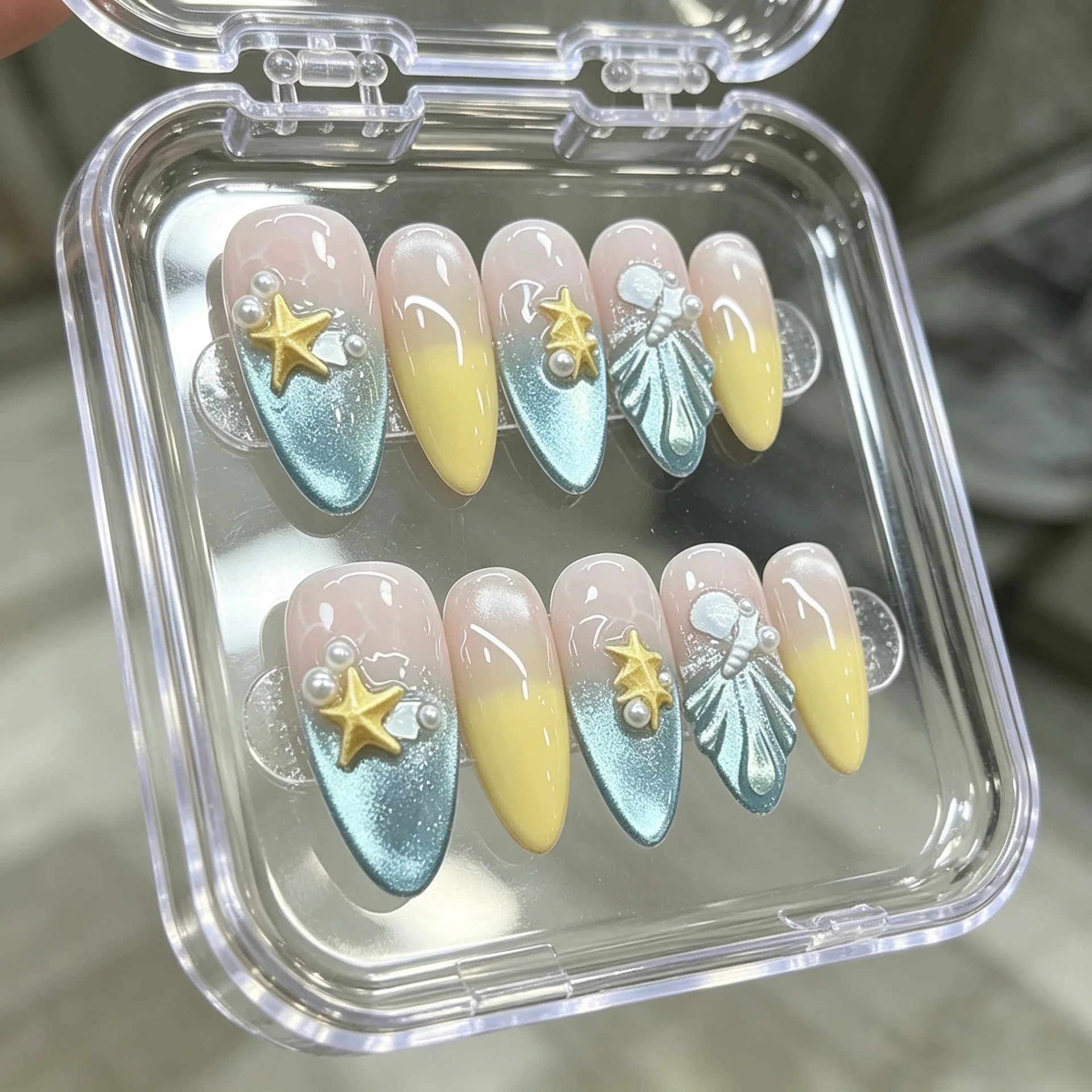 10Pcs Almond Handmade Press On Nails Nude Yellow French Tip Blue Cat Eye Fake Nail 3D Starfish Seashell Pearl False Nail