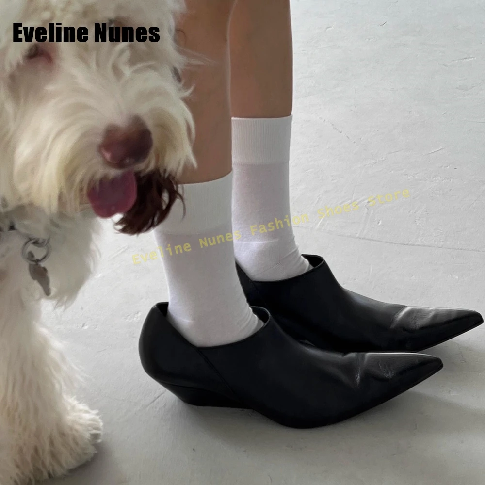 

Long Pointed Tip Wedges Pumps Black Shallow Slip On Large Size Dark Style Couple Leather Shoes 2025 Fashion Street Style Shoes