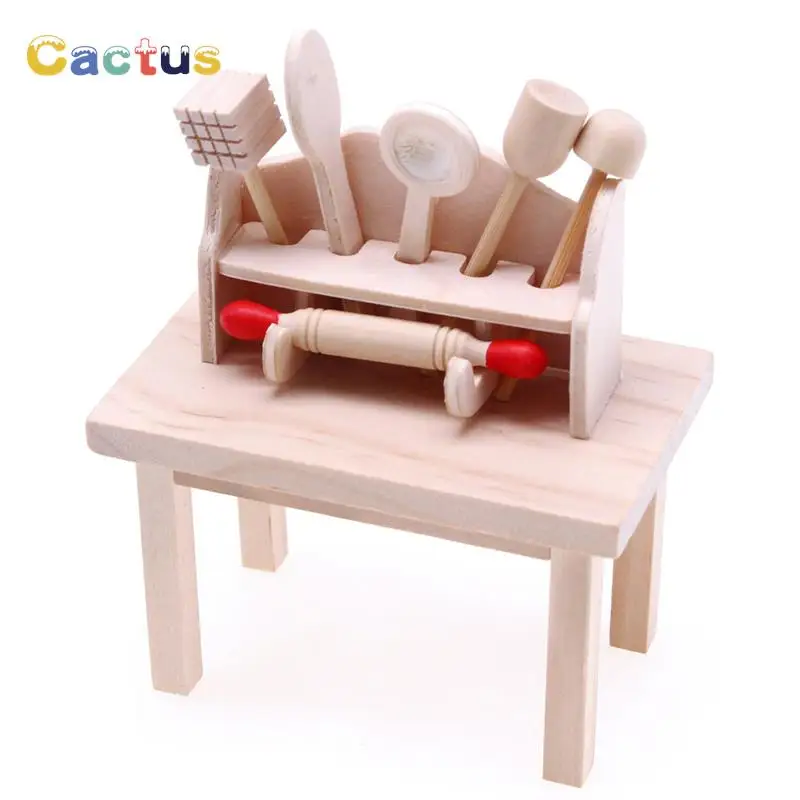 1:12 Dollhouse Miniatures Mini Kitchen Tableware Wooden Knife And Fork Metal Pot Set Doll House Toys Decor Accessories