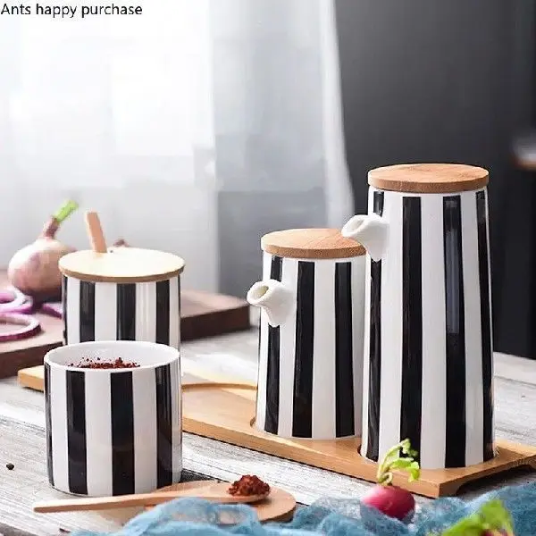 nordic-black-white-stripes-ceramic-spice-jar-simple-style-seasoning-container-kitchen-storage-jar-with-handle-for-home-use