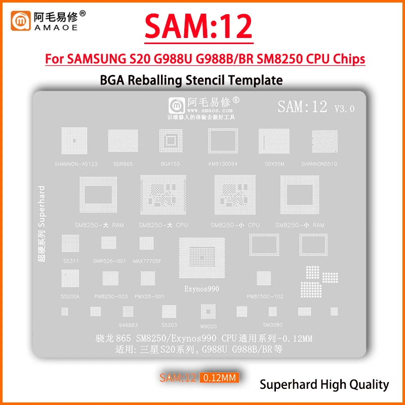 Amaoe sam12 bga schablone reballing für samsung s20 g988u g988b sm8250 865 sdr865 sdx55m shannon5510 max77705f pm8250 pmx55 s5311