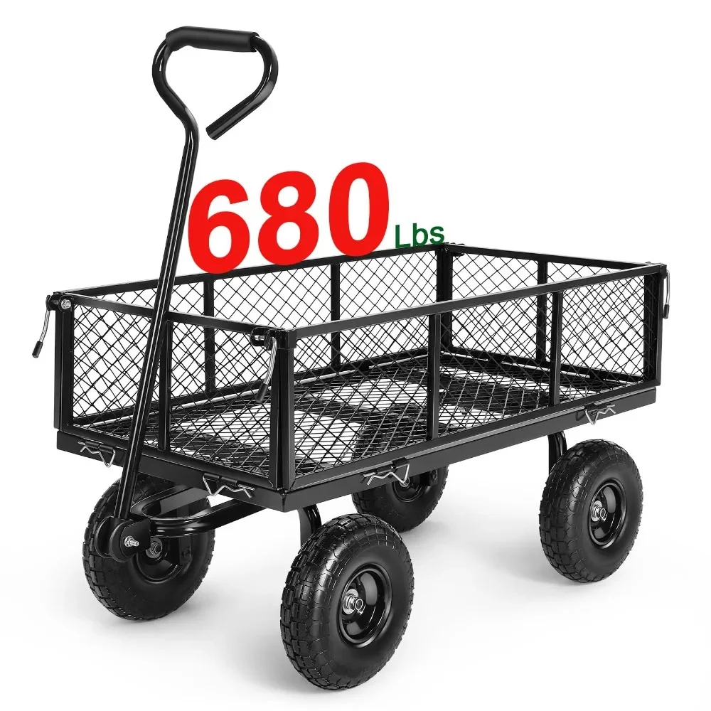 Mesh Steel Garden Cart with Removable Sides to Convert into Flatbed, Utility Metal Wagon with 180° Rotating Handle