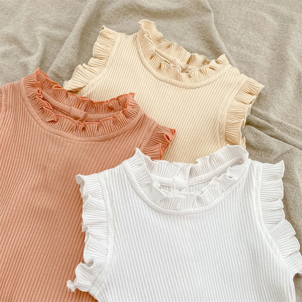 Soft Breathable Newborn Baby Ribbed Clothes Set Ruffle Sleeveless Boy Girl Bodysuit and Elastic Wait Pp Shorts Bloomer 0-24M