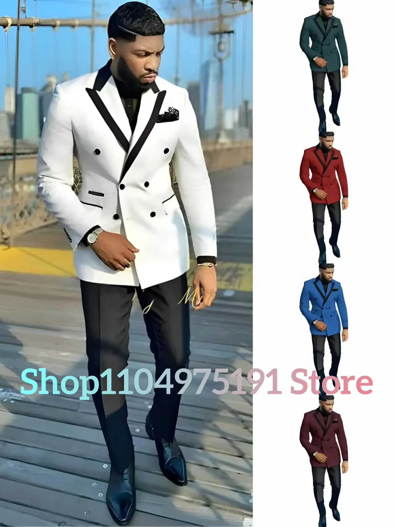Traje de 2 piezas de boda a la moda para hombre (chaqueta + pantalones), solapa de satén, doble botonadura, esmoquin Formal eleg