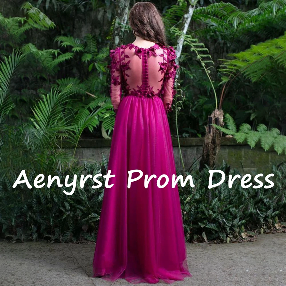 Aenyrst Long Sleeves 3D Appliques Prom Dresses Tulle A Line Evening Gowns Floor Length Dinner Party Dress Purple فساتين السهرة