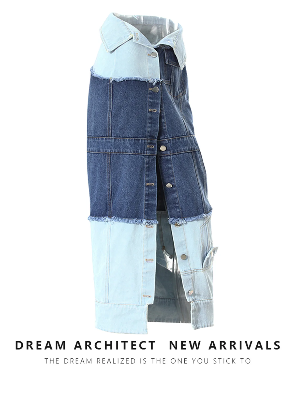 High Waist Distressed Denim Skirt Spring Autumn  Showpiece Color Block Long Skirt Women's High Street Style Cotton