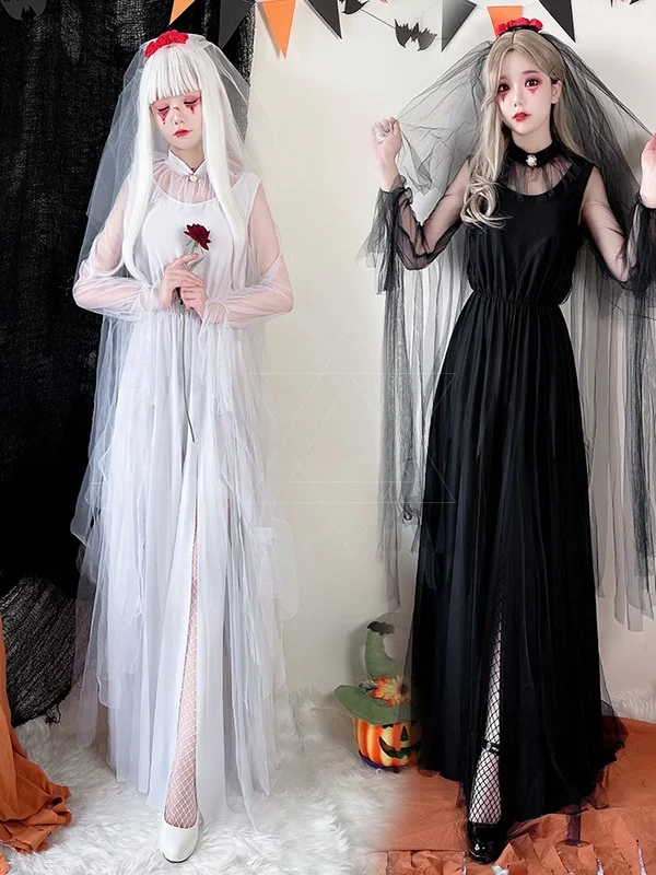 

Adult Women's Halloween Costume Zombie Ghost Bride Long Dress Black White Devil Angel Witch Outfit Stage Performance