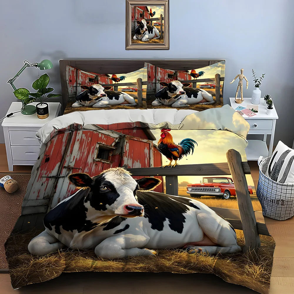 Farm theme cow and rooster Print Soft Comfortable Duvet Cover Bedding Set Included 1*Duvet Cover  2*Pillowcases Luxury gifts