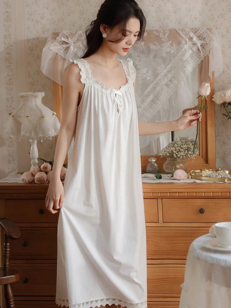 Women White Summer Cotton Sleeveless Night Dress Long Nightdress Sweet Lace Peignoir Victorian Nightgowns Princess Sleepwear