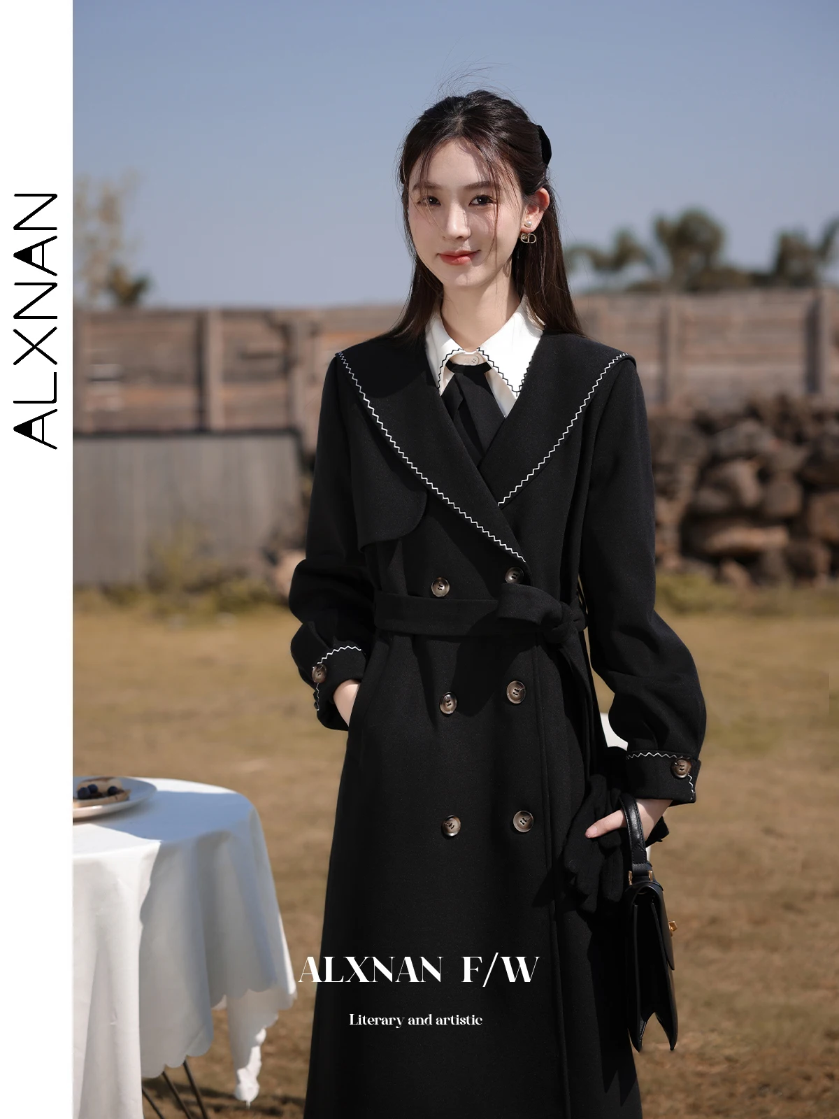 ALXNAN Cappotto di lana da donna Preppy Nero ricamato con scollo a V Manica lunga Giacche monopetto Cintura Cappotto autunno inverno LXN27961