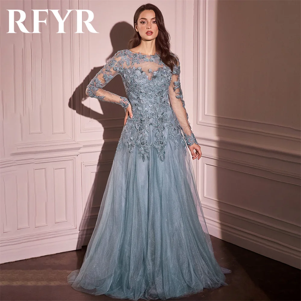 

RFYR Blue O-Neck Simple Prom Dress Regular Sleeve Appliques Beach Prom Gown Long Net Long Evening Dress Formal Dress Customized