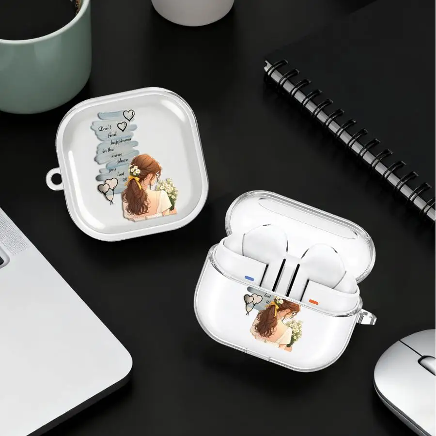 Clear Earphone Cases Cover With Hook Case For Samsung Galaxy Buds 4 Pro 3Pro Live 2Pro 3 FE 2 4Pro Simple Girl Pattern