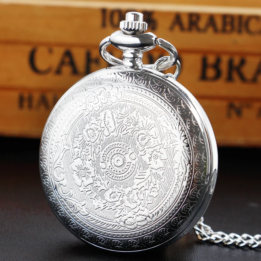 Quartz Pocket Watch para homens, Luxo Dial Prata, algarismos romanos, Retro FOB Cadeia Relógios