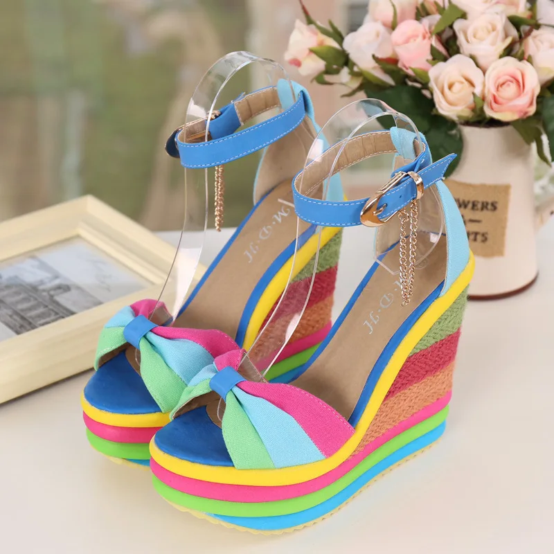 New Summer Sexy Bohemia Rainbow Peep Toe Platform Sandals For Womens Ladies Blue Denim Wedges Sandal