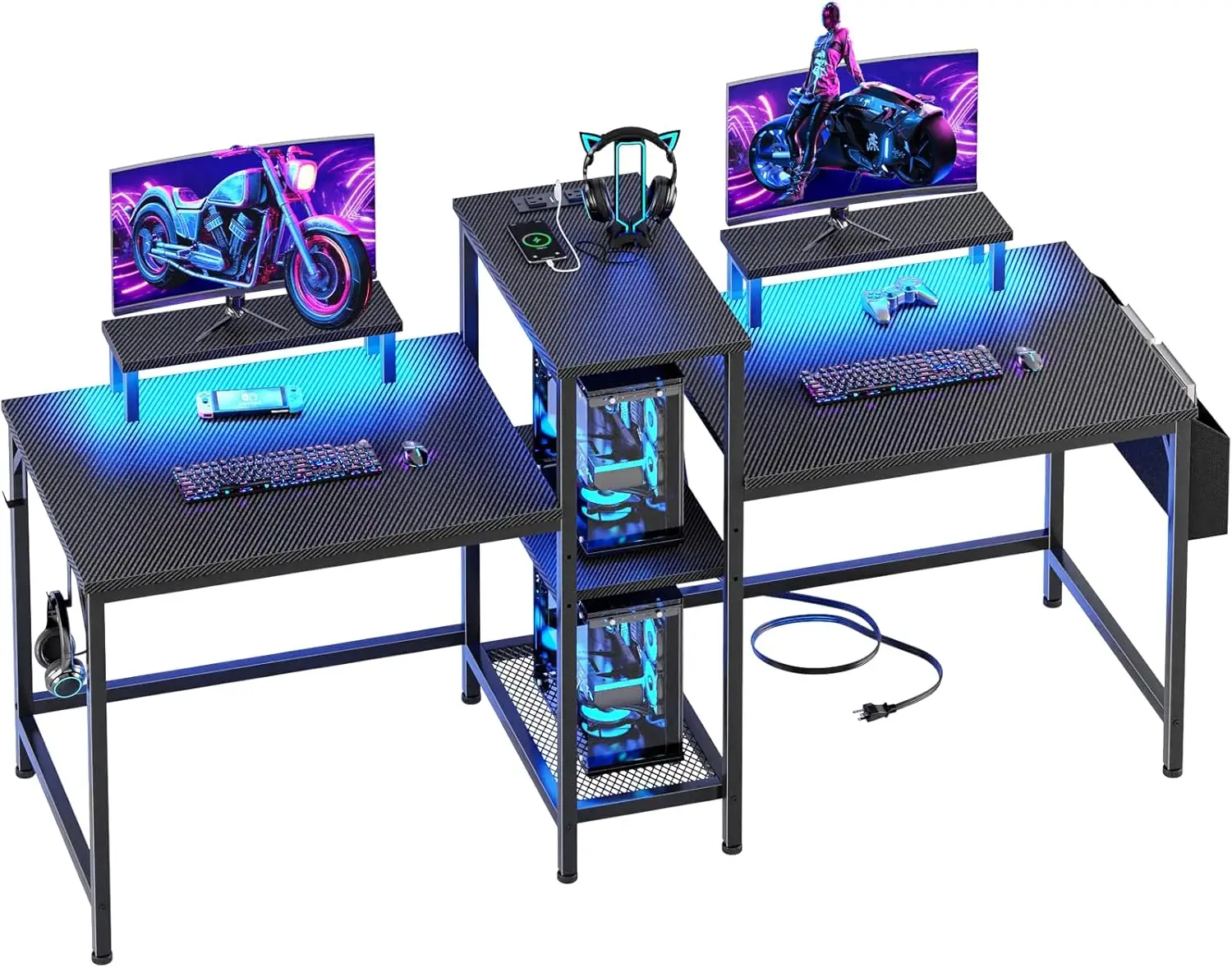 

2 Person Gaming Desk with LED Lights, 71 Inch Computer Desk with Power Outlets and Monitor Stand, Double Desk with Storage Bag