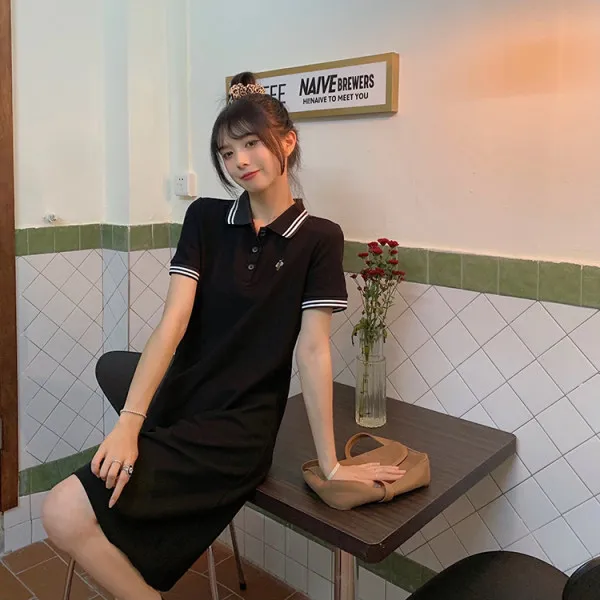 فستان ميدي مضاد للشيخوخة بياقة بولو وأكمام قصيرة مطرز ونحيف على الطراز الكوري من القطن للعمل صيفي عصري #3