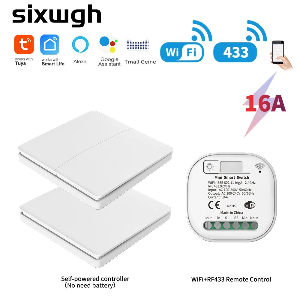 

Умный выключатель SIXWGH 16A с Wi-Fi, управление через приложение Tuya, дистанционное управление, таймер, без батареек, совместим с Google Home и Alexa.