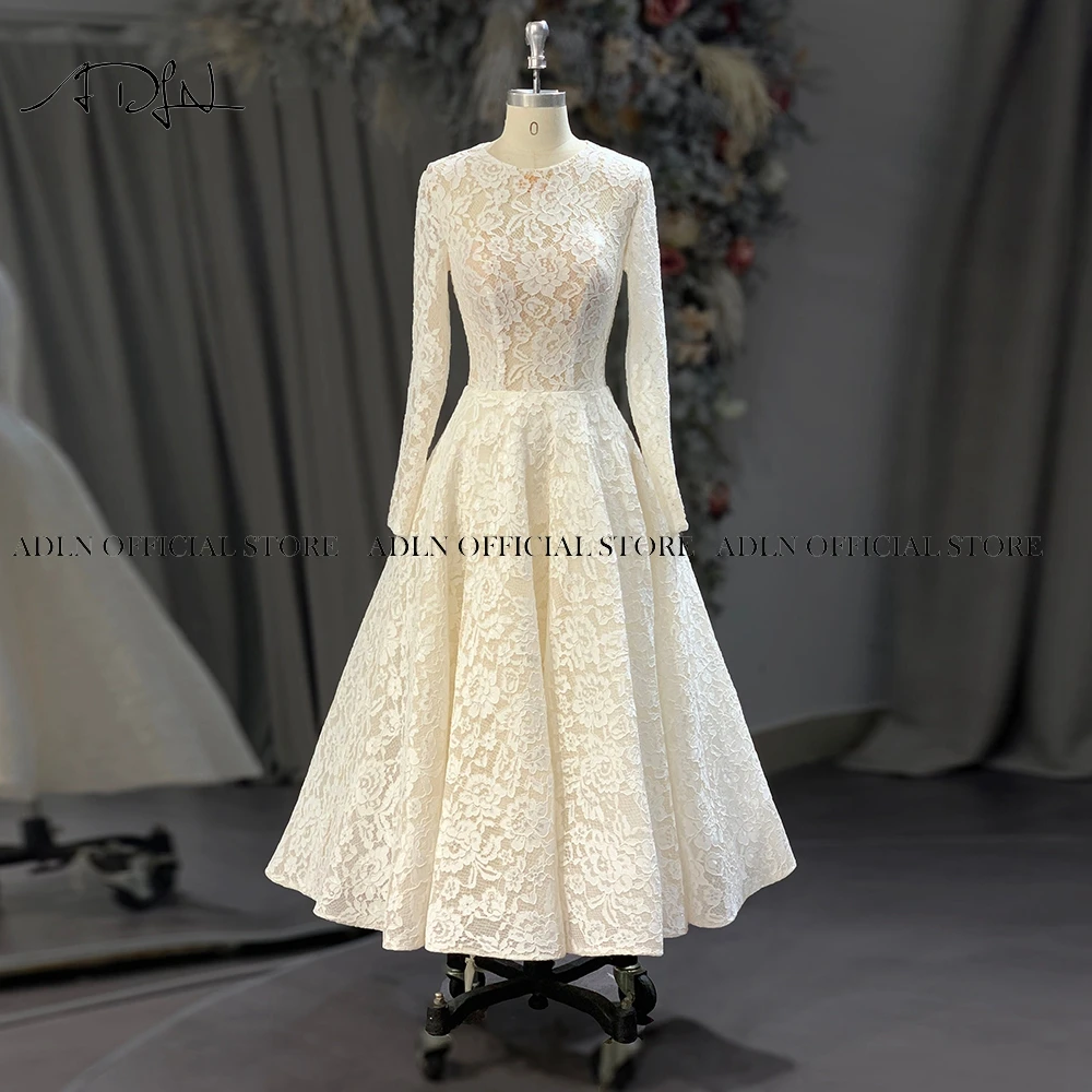 Short Wedding Dresses Jewel Long Sleeves A-line Tea Length Bride  Vintage 1950's Lace  Gowns