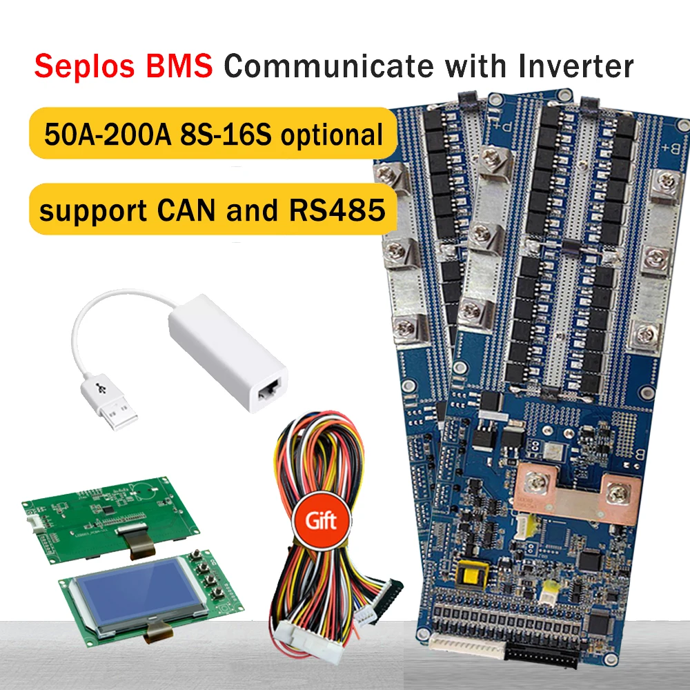 Seplos BMS 8S 13S 14S 15S 16S 100A 150A 200A 48V CAN/RS485 Board Bluetooth Li-Ion LiFePO4 Battery Communicate to Inverter 10E