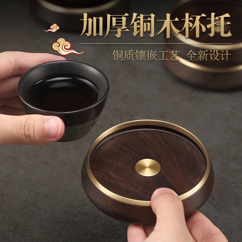 Retro High-quality Wooden Coaster with Brass Ring Heat Insulation Cup Pad Drink Cup Coaster for Tea Coffe Milk Kitchen Supplies