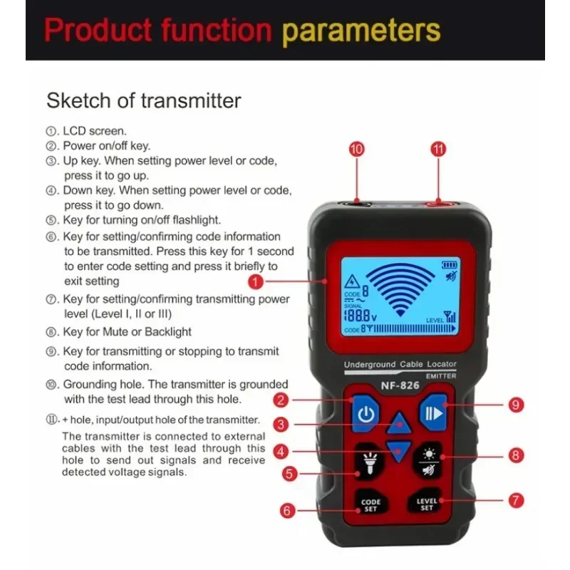 NF-826 Underground Cable Tester Telephone Cable Locator Wire Tracker Electric Line Water Gas Supply Pipe Detector Cable Finder