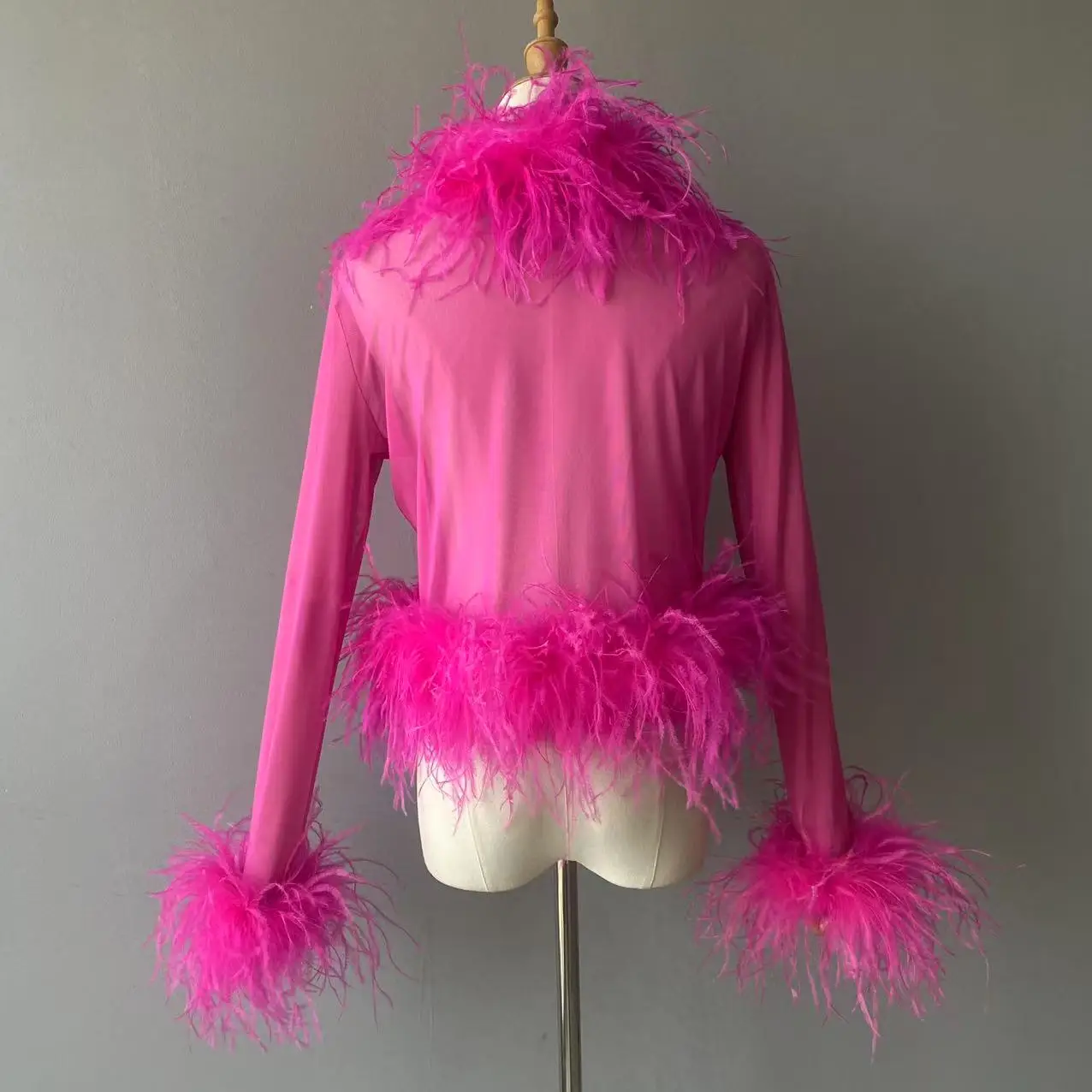 Jxwatcher Women's Sexy Mesh Feather Tops Spring Summer Ladies Vintage Celebrity Real Ostrich Feather Coat Fashion Party Wear New