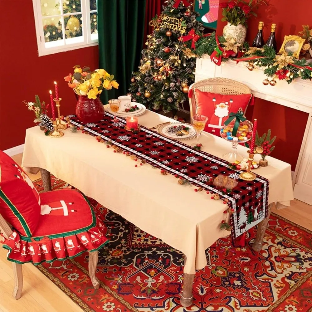 Retro Linen Christmas Table Runner Snowflake Santa Claus Christmas Table Flag Desk Decor Reindeer Xmas Tablecloth New Year