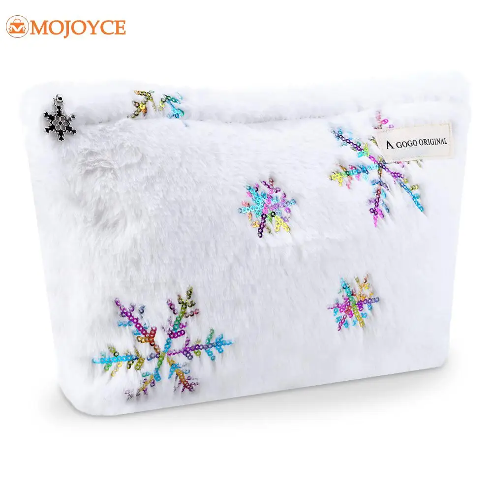 Women's Plush Cute Cosmetic Pouch Snowflake/Christmas Tree Mini Storage Bag Christmas Fashion Organizer Fluffy Zipper Makeup Bag