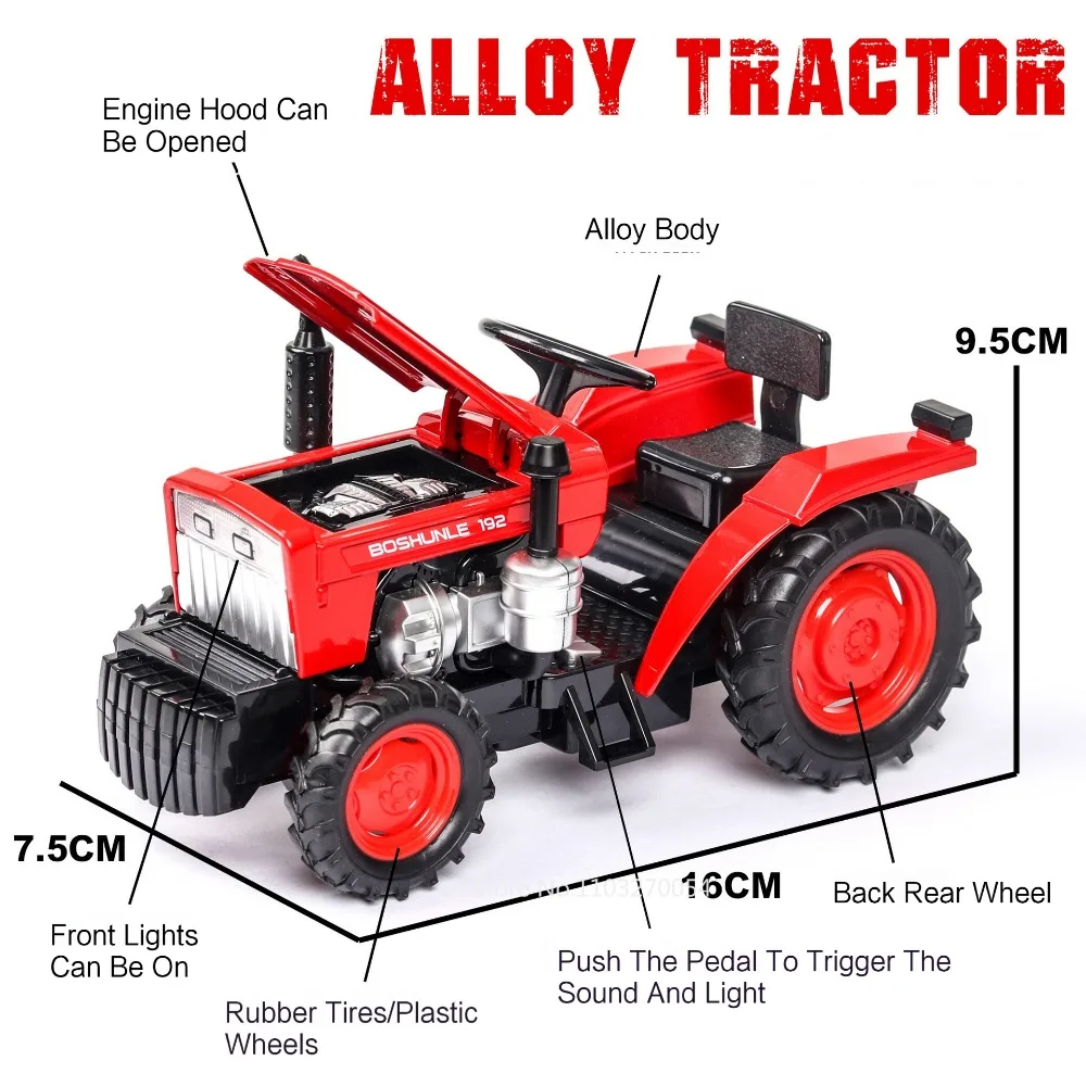 1/32 landwirtschaft liche Traktor Auto Spielzeug Modell Druckguss Legierung Fahrzeug Metallkörper Gummireifen Sound Light Pull Back Spielzeug für Kinder vorhanden