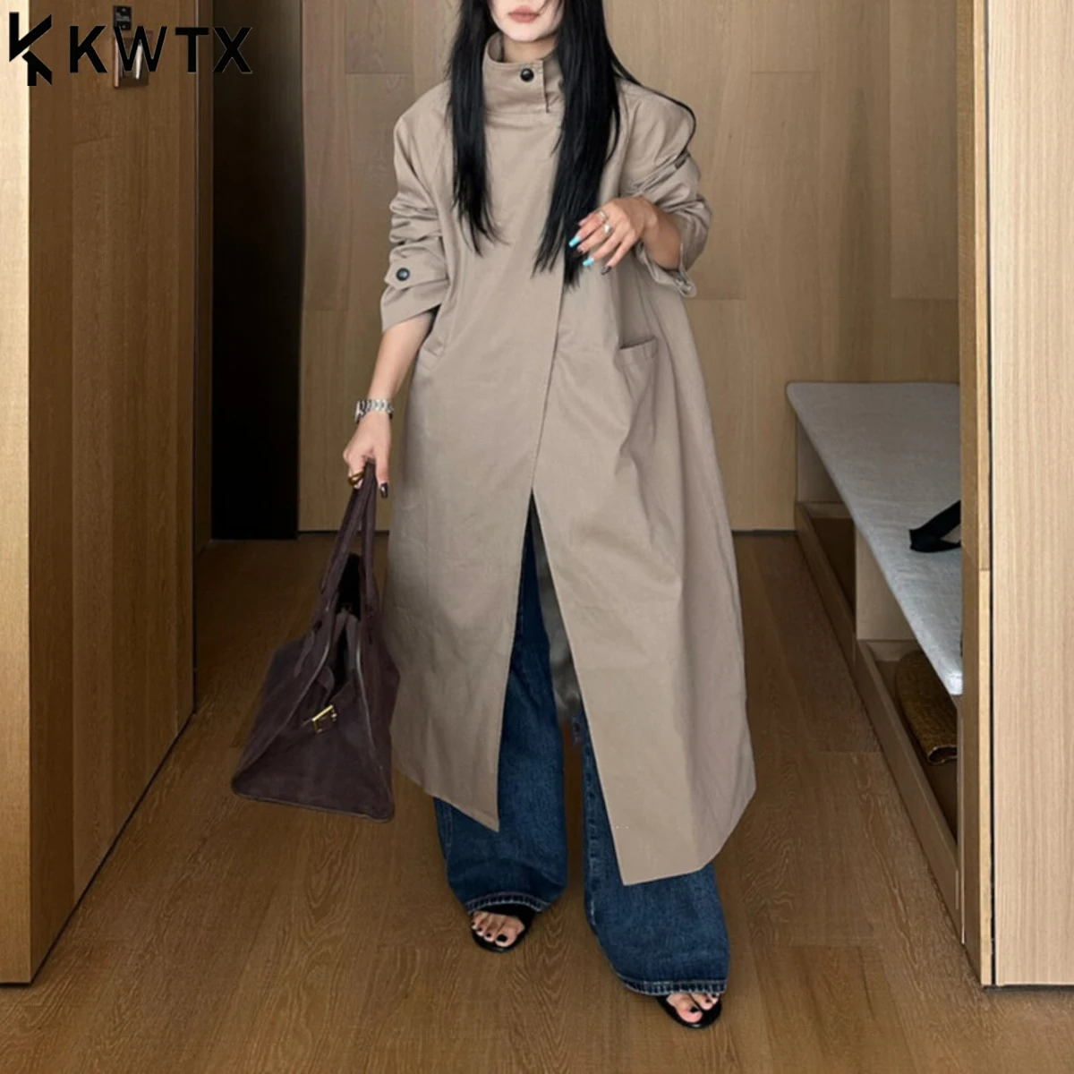 

KWTX 2025 Autumn Winter Women’s Luxury Trench Coat Stand Collar One Button Long Coat Retro Chic Solid Color Stylish Outerwear