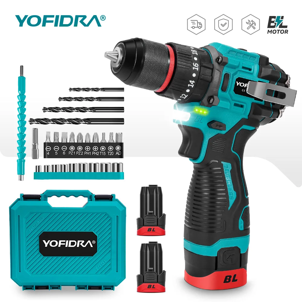 YOFIDRA Taladro percutor eléctrico sin escobillas de 16,8 V y 90 N.M, atornillador de impacto inalámbrico con 20+3 niveles de torque