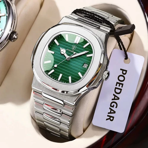 Imagen 1 del producto Reloj de pulsera POEDAGAR Original cuadrado para hombre con fecha resistente al agua reloj luminoso de acero inoxidable para hombre relojes de cuarzo de negocios a la moda para hombre