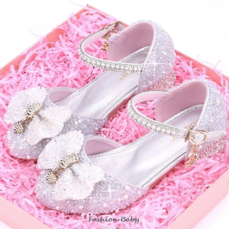 Girl Butterfly Crystal Mary Jane Shoes Bling Princess Sandals for Children Stage Performance Kids Leather Shoes Dance Party Baby