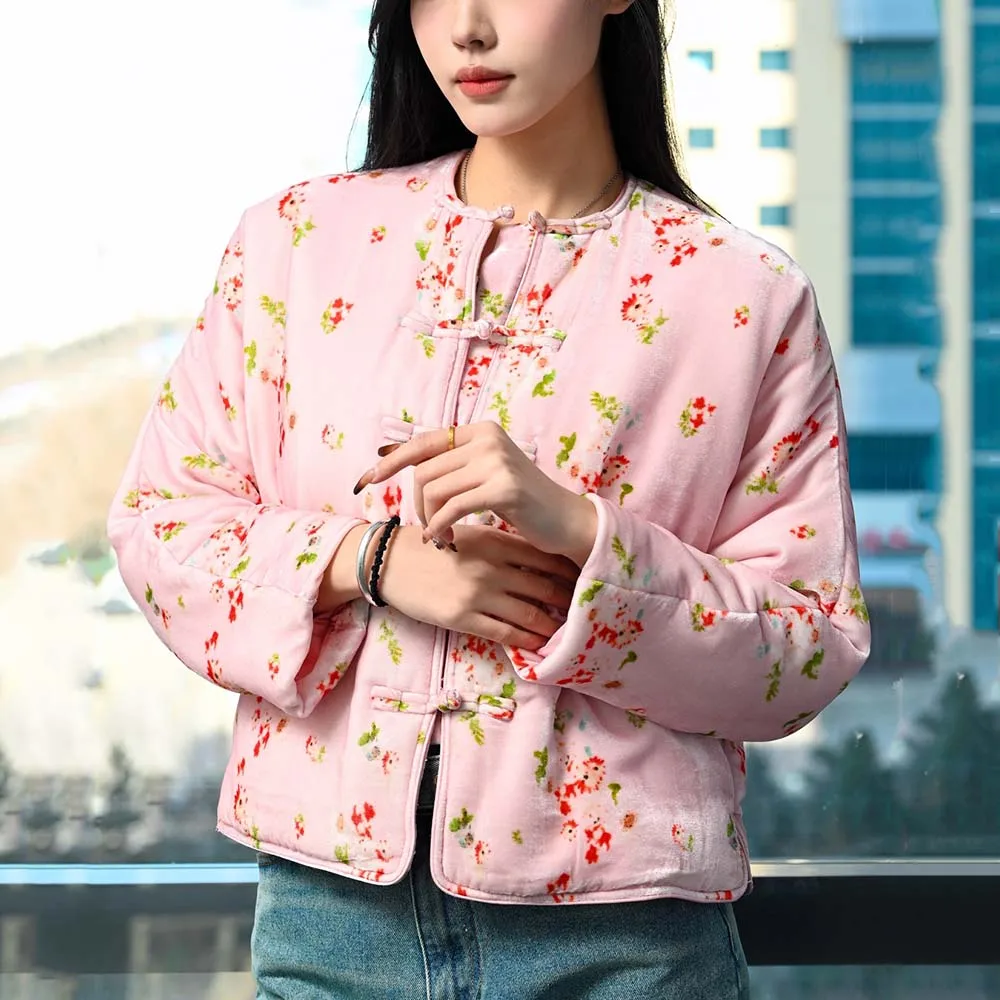 2023 Winter Women\'s Cotton Y2k Floral Printed Silk Velvet Chinese Plate Button Round Neck Long Sleeve Thickened Warm Cotton Top