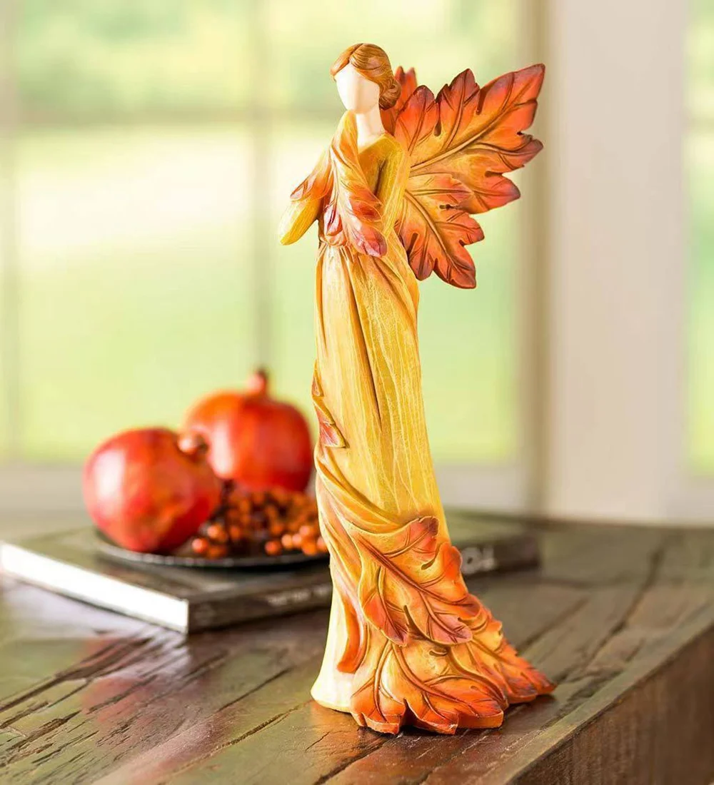 Kneeling Autumn Angel Resin Crafts Maple Leaf Angel Ornament Desktop Decoration Living Room Bookshelf Home Office Bedroom