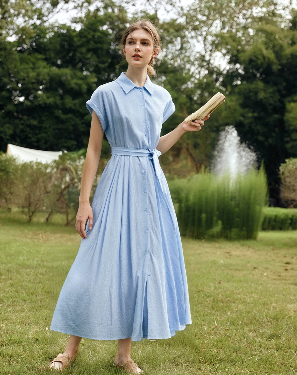 

OLrain Maxi Dresses Woman 2025 Summer Blue French Style Turn-down Neck Dress Elegant Lace-up a-line Ladies Dresses O57XL98552