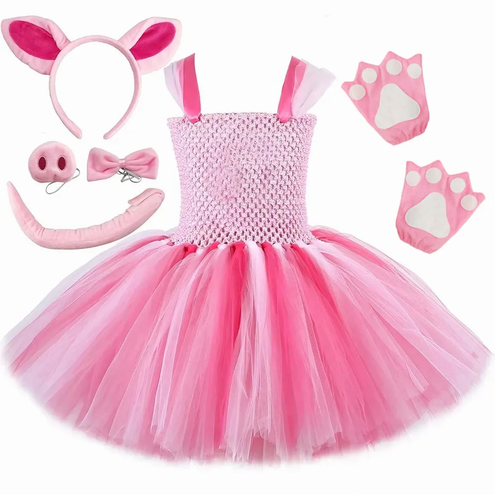 Pig Costume for Kids Pink Cute Cartoon Piggy Tulle Tutu Dress Toddler Girls Halloween Carnival Birthday Party Animal Dress Up