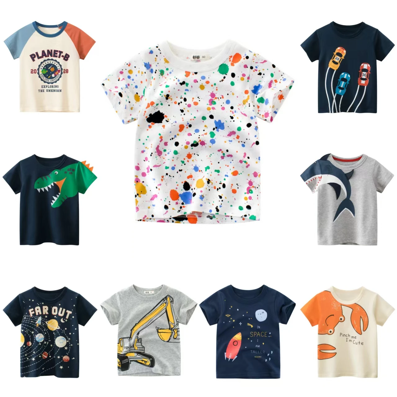 

2-9 Years Boys T Shirt Graffiti Baby Kids Children Cotton Short Sleeves Summer Clothing Car Dinosaur Shark Printing