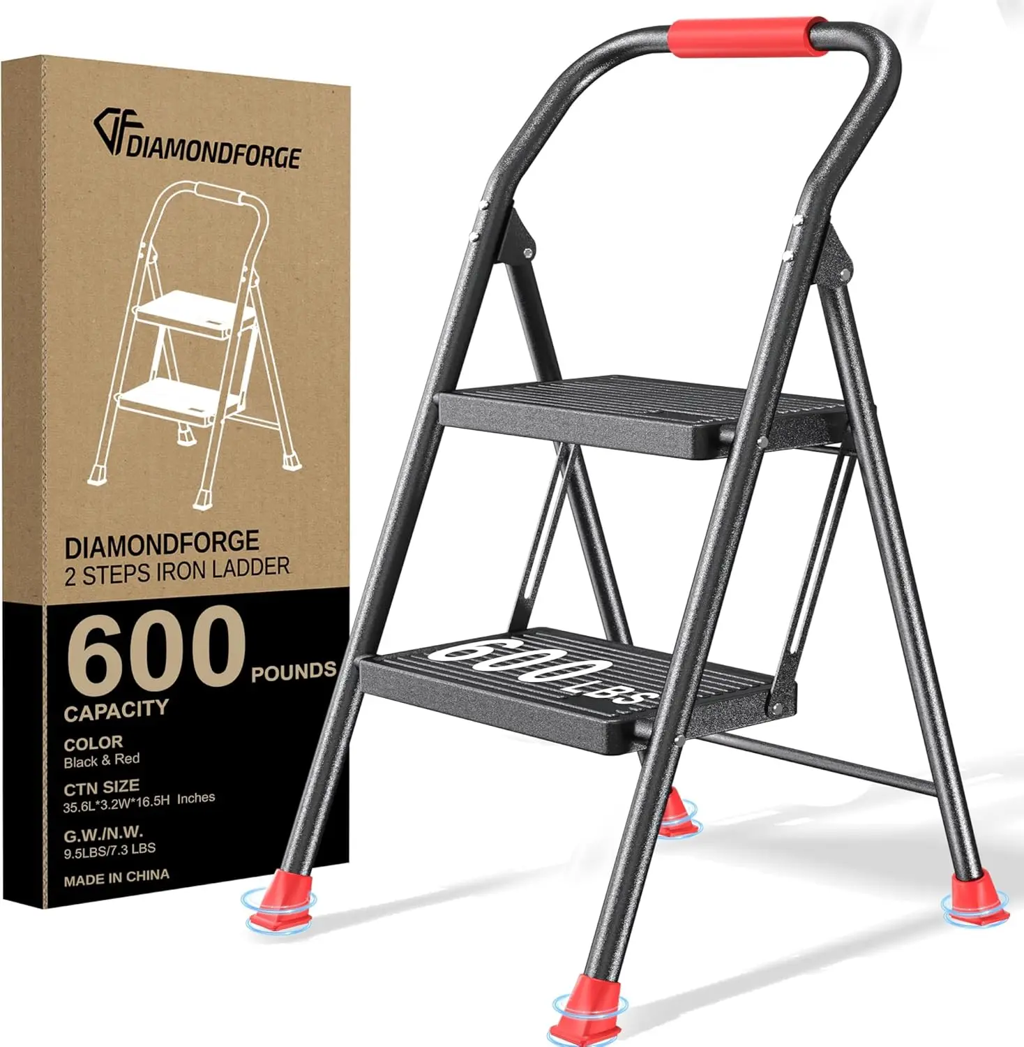 

Foldable Step Ladder with Handrails - Heavy Duty 600Lbs Capacity for Home Kitchen Closet Storage