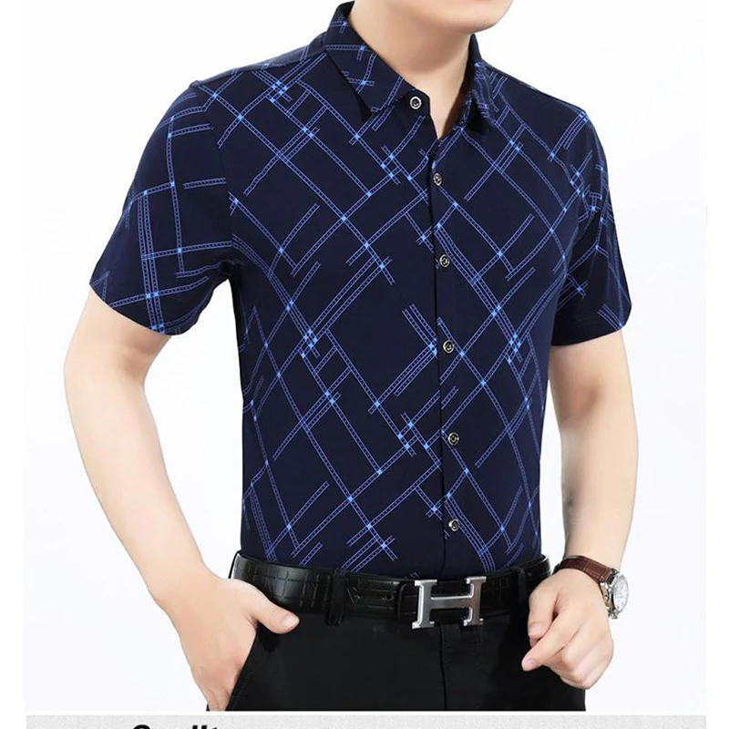 Fashion Lapel Printed Short Sleeve Plaid Shirts Men's Clothing 2024 Summer New Loose All-match Tops Business Casual Shirts