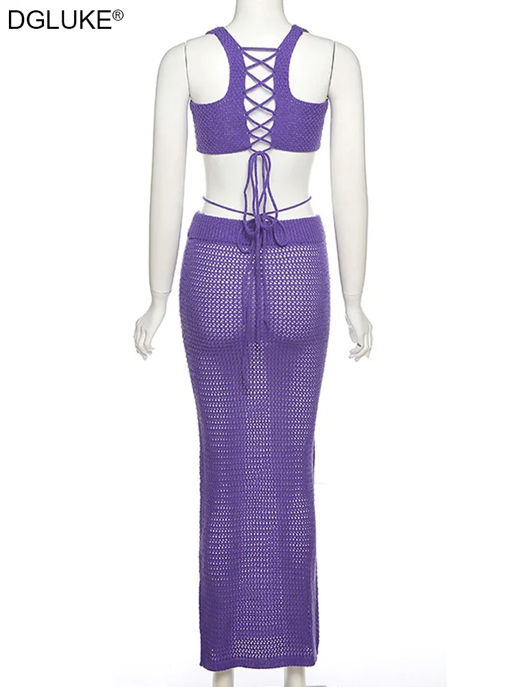 Purple Knitted 2 Piece Set Summer Outfits For Women Sexy Crochet Vacation Beach Outfits Hollow Out Long Skirt And Cropped Set